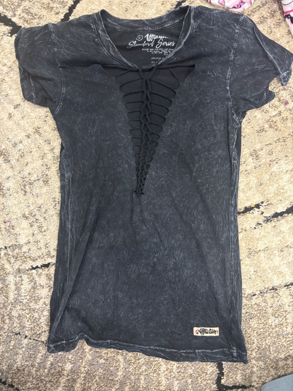 Affliction Women's Black Washed Lace-Up V-Neck Tee